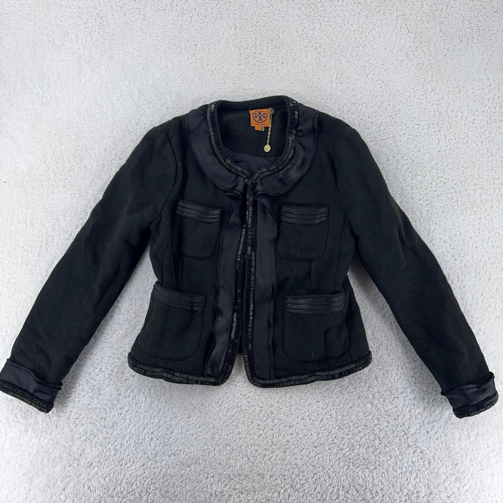 Tory Burch Fitted Blazer Jacket Womens Medium FITS XS Wool Blend Satin Trim